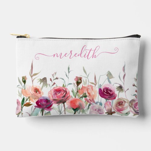 Lovely Pink Watercolor Flowers Garden Name Accessory Pouch