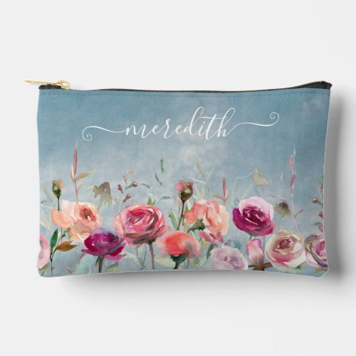 Lovely Pink Watercolor Flowers Garden Name Accessory Pouch