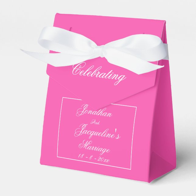 Lovely Pink Wedding White Bow & Names Cute Favor Boxes (Front Side)