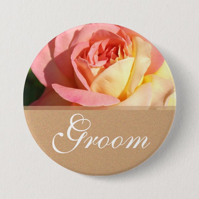 Lovely pink yellow rose wedding  button for groom (Front)