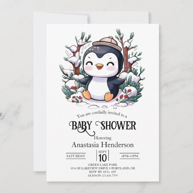 Lovely Pretty Penguin Baby Shower Invitation (Front)