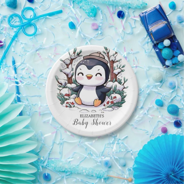 Lovely Pretty Penguin Baby Shower Paper Plates (Party)