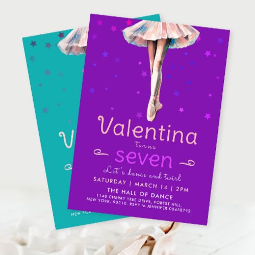 Lovely Purple Ballerina Dance Stars Girl Birthday  Invitation