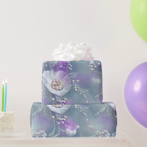 Lovely Purple Blue White Floral Pearl Beaded Wrapping Paper