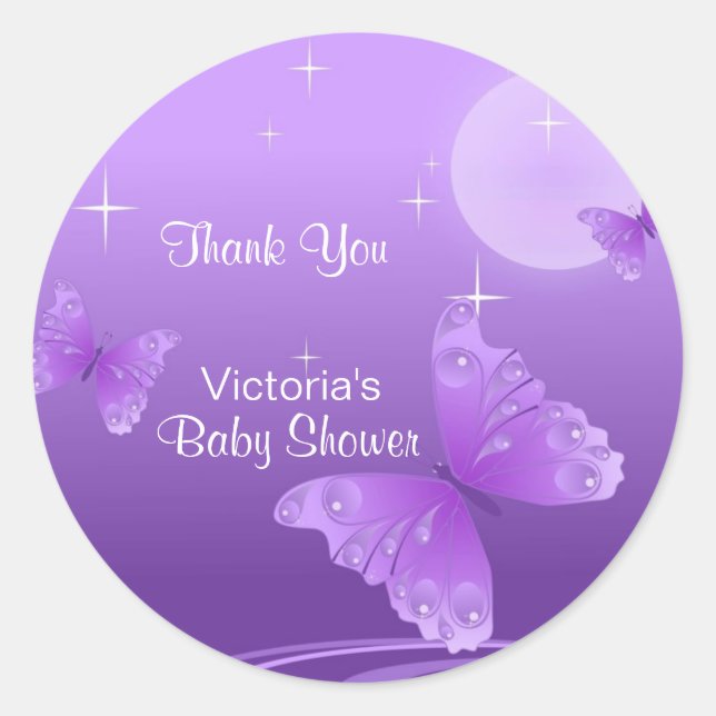 Lovely Purple Butterfly Thank You Baby Shower Classic Round Sticker (Front)