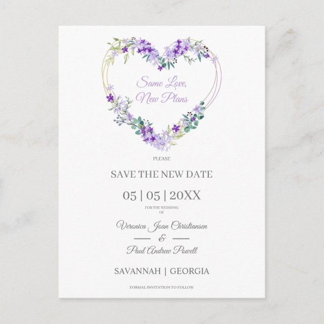 Lovely Purple Floral Heart Postponed Wedding Postcard (Front)