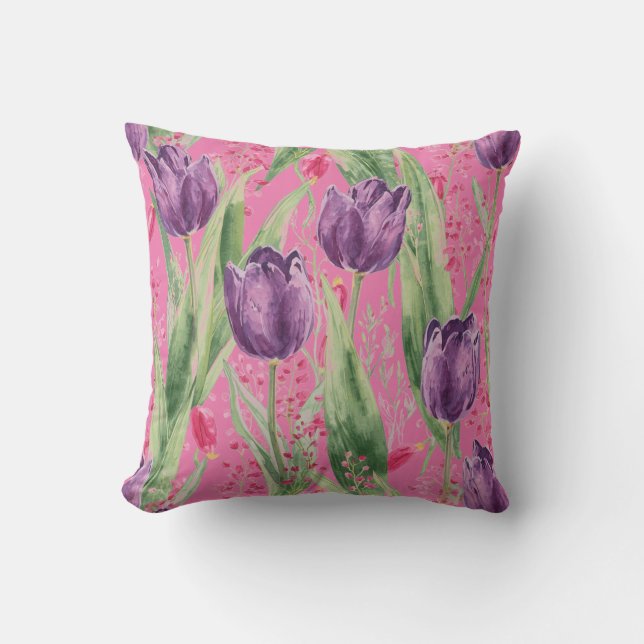 Lovely, Purple,Shocking Pink Tulip Flowers Pattern Throw Pillow (Front)