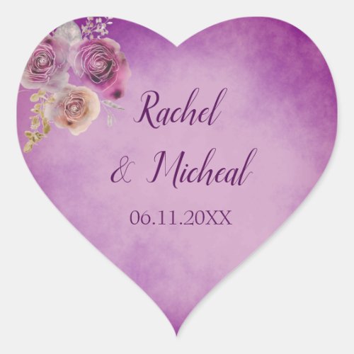 Lovely Purple Watercolor Floral Wedding Heart Sticker