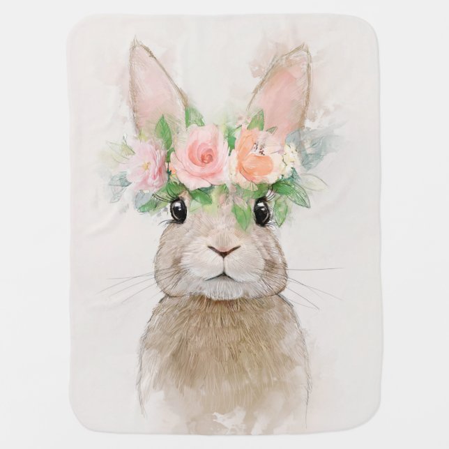 Lovely Rabbit with Flower Crown Portrait Baby Blanket (Front)