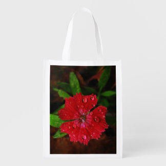 Lovely Raindrops on Red Dianthus Flower Photo Grocery Bag