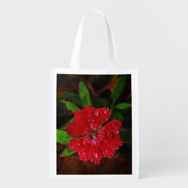 Lovely Raindrops on Red Dianthus Flower Photo Grocery Bag (Front)