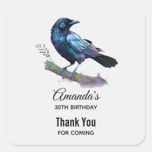 Lovely Raven on a Tree Branch Birthday Thank You Square Sticker