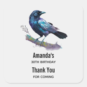Lovely Raven on a Tree Branch Birthday Thank You Square Sticker