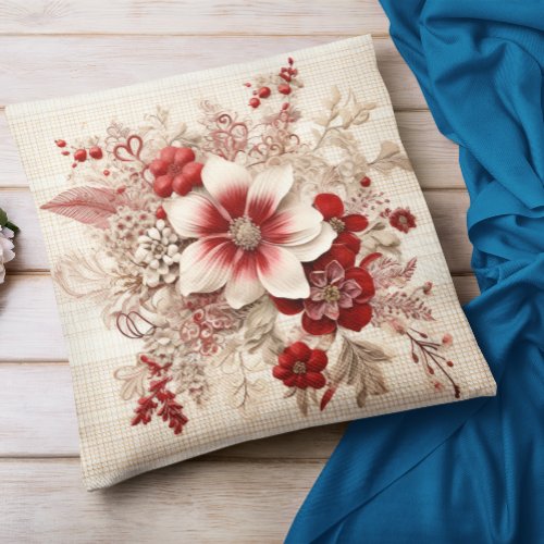 Lovely Red And White Flowers Plaid Throw Pillow