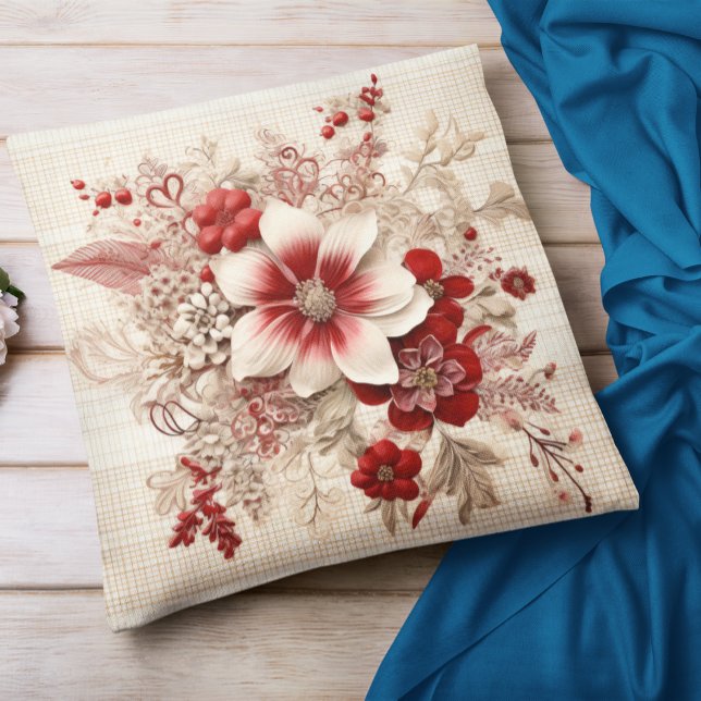 Lovely Red And White Flowers Plaid Throw Pillow (Creator Uploaded)