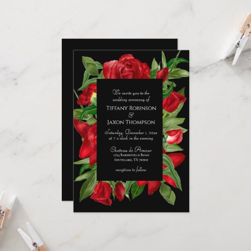 Lovely Red Floral Bouquet Black Wedding Invitation