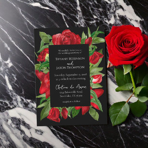 Lovely Red Floral Bouquet Black Wedding Invitation
