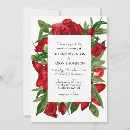 Lovely Red Floral Bouquet Border Wedding Invitation