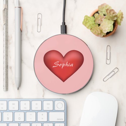 Lovely Red Heart With A Custom Name On It Wireless Charger