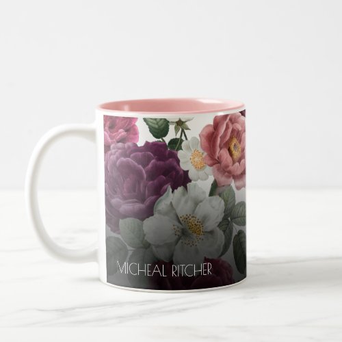 Lovely Red Pink Burgundy Custom Name Floral Two_Tone Coffee Mug