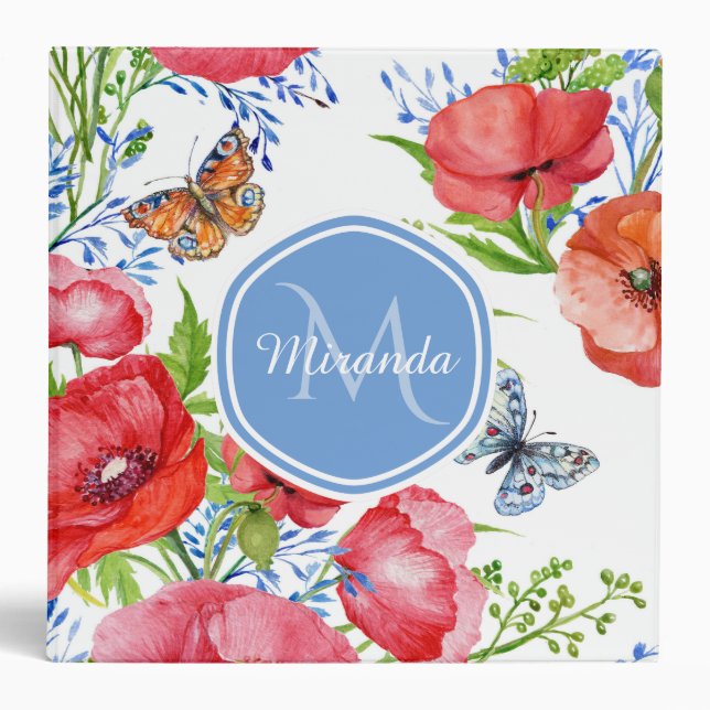 Lovely Red Poppies With Blue Butterflies and Name Binder (Front)