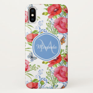 Lovely Red Poppies With Blue Butterflies and Name iPhone X Case