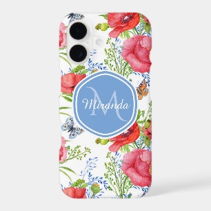 Lovely Red Poppies With Blue Butterflies and Name iPhone 17 Case