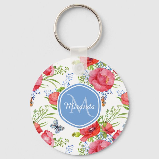 Lovely Red Poppies With Blue Butterflies and Name Keychain (Front)