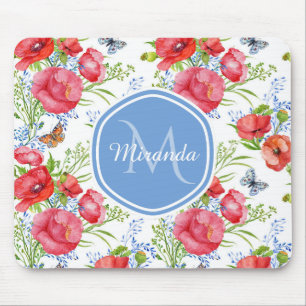 Lovely Red Poppies With Blue Butterflies and Name Mouse Pad