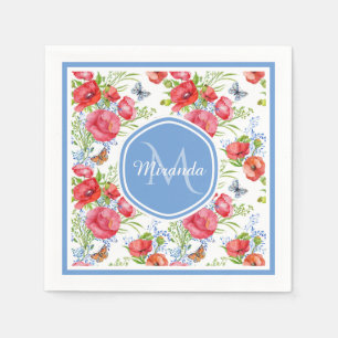 Lovely Red Poppies With Blue Butterflies and Name Napkins