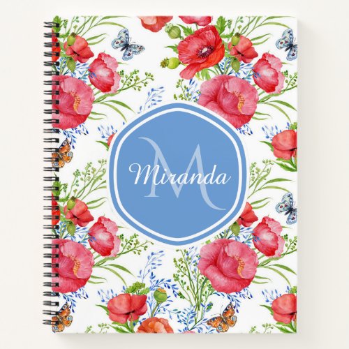 Lovely Red Poppies With Blue Butterflies and Name Notebook
