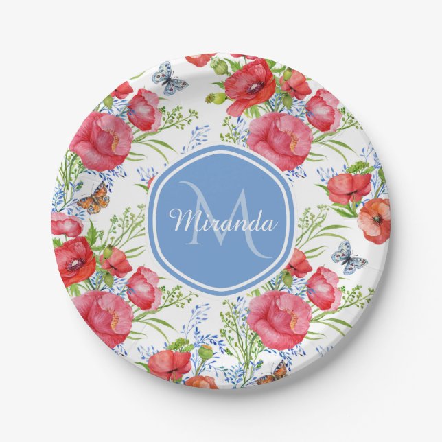 Lovely Red Poppies With Blue Butterflies and Name Paper Plates (Front)