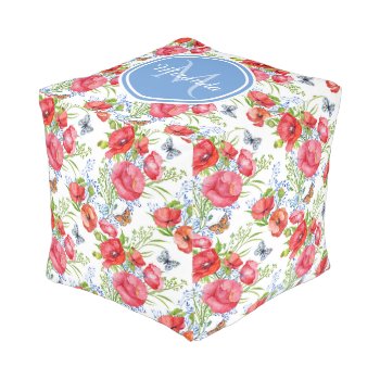 Lovely Red Poppies With Blue Butterflies And Name Pouf by ohsogirly at Zazzle
