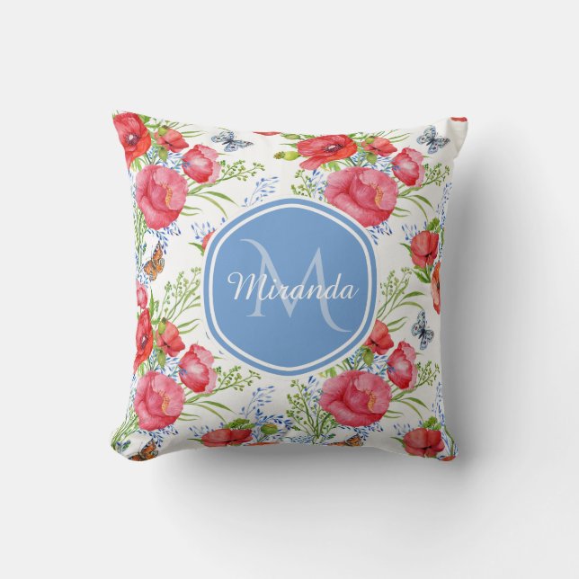Lovely Red Poppies With Blue Butterflies and Name Throw Pillow (Front)