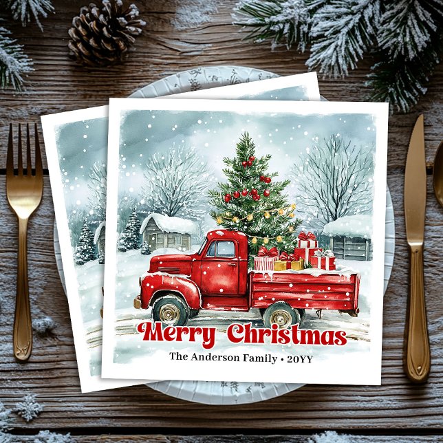 Lovely red truck Christmas scene rustic napkin set (Lovely red truck Christmas scene rustic napkin set)