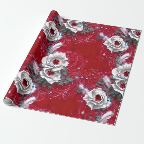 Lovely Red  White Floral Feathered  Beaded Wrap Wrapping Paper