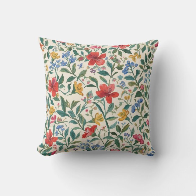 Lovely, Red Yellow Blue Flowers and Leaves Pattern Throw Pillow (Front)