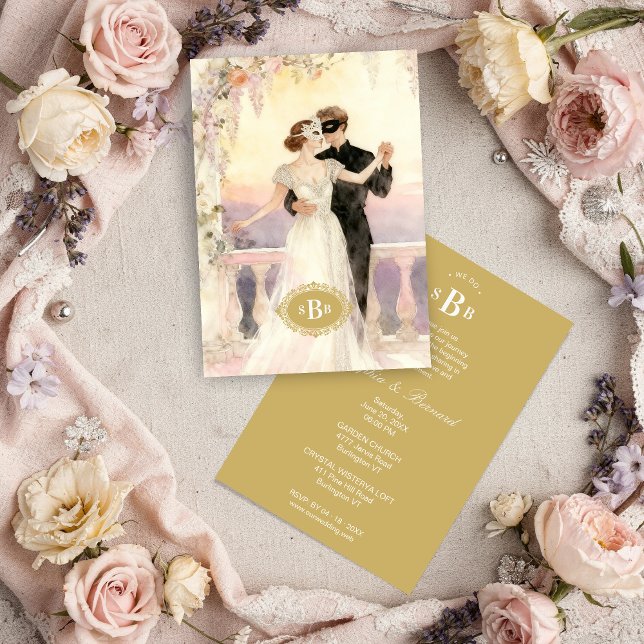 Lovely Regency Wisteria Masquerade Couple Wedding Invitation (Regency Inspired Couple Floral Wisteria in Masquerade Ball Wedding Invitation Card Design. )