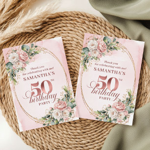 Lovely Rose Gold Blush Flowers 50th Birthday  Thank You Card
