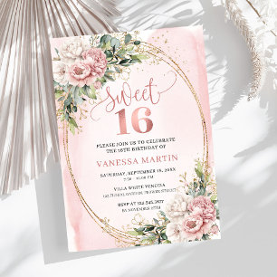Lovely Rose Gold Flowers Eucalyptus 16th Birthday Invitation