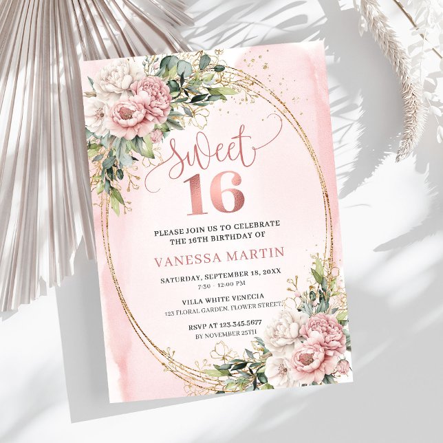 Lovely Rose Gold Flowers Eucalyptus 16th Birthday  Invitation (Lovely Rose Gold Flowers Eucalyptus 16th Birthday Invitation

)