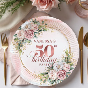Lovely Rose Gold White Peonies 50th Birthday Party Paper Plates