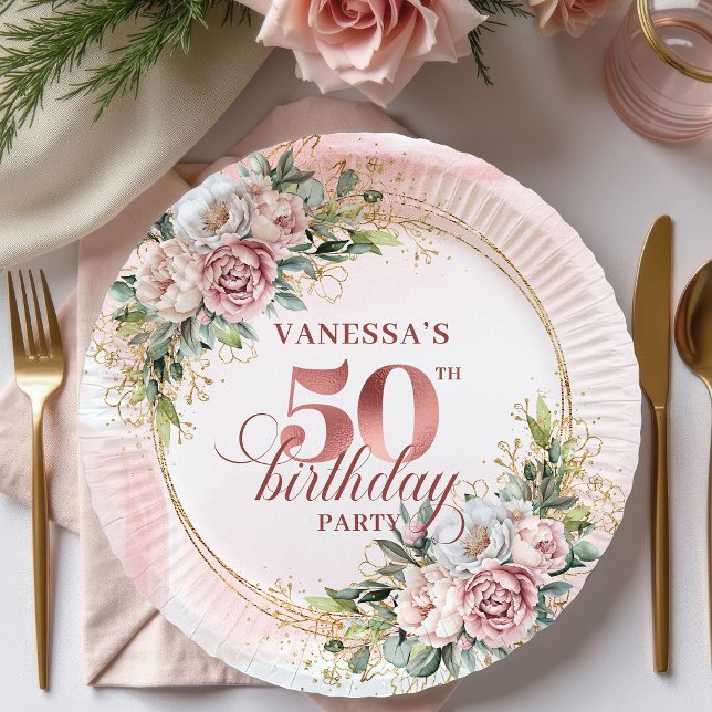 Lovely Rose Gold White Peonies 50th Birthday Party Paper Plates (Lovely Rose Gold White Peonies 50th Birthday Celebration Plates

)