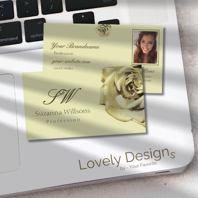 Lovely Rose Plain Pastel Beige with Initials Photo Business Card (Creator Uploaded)