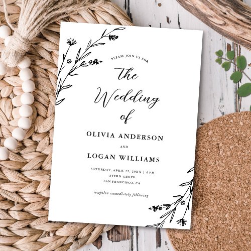 Lovely Rustic Black White Wildflower Boho Wedding Invitation