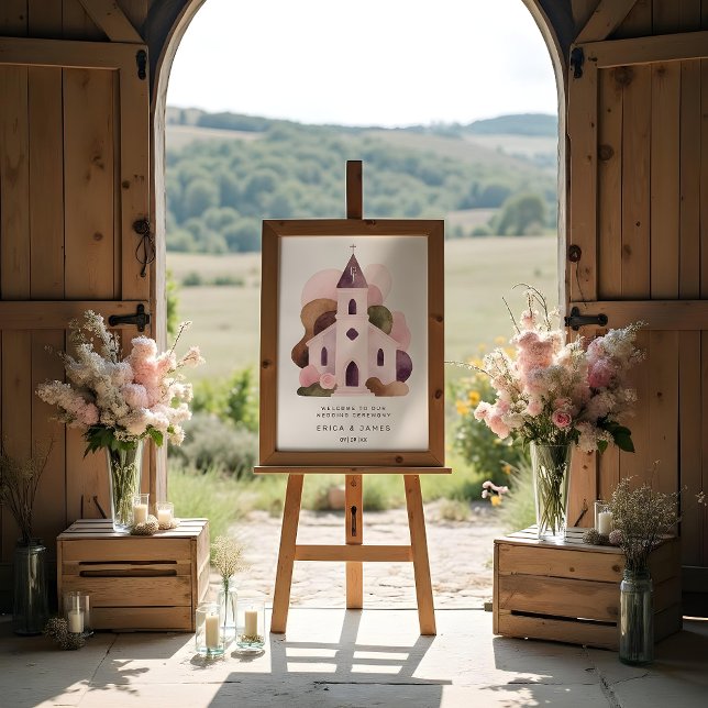 Lovely Rustic Pink Tones Church Wedding Poster (Lovely Rustic Pink Tones Church Illustration Wedding Welcome Sign Poster Designs.)