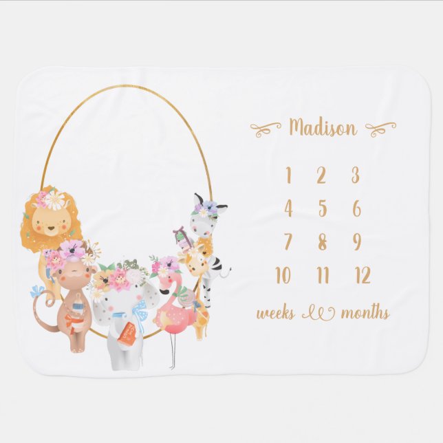 Lovely Safari Animals Milestone Baby Blanket (Horizontal)