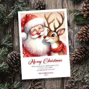 Lovely Santa Claus Rudolph Whimsical Christmas  Holiday Card