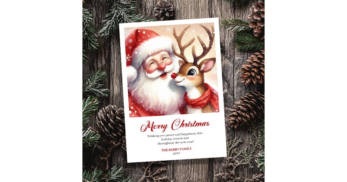 Christmas Card Ruddph Lovely Santa Claus Rudolph Whimsical Christmas Holiday Card | Zazzle