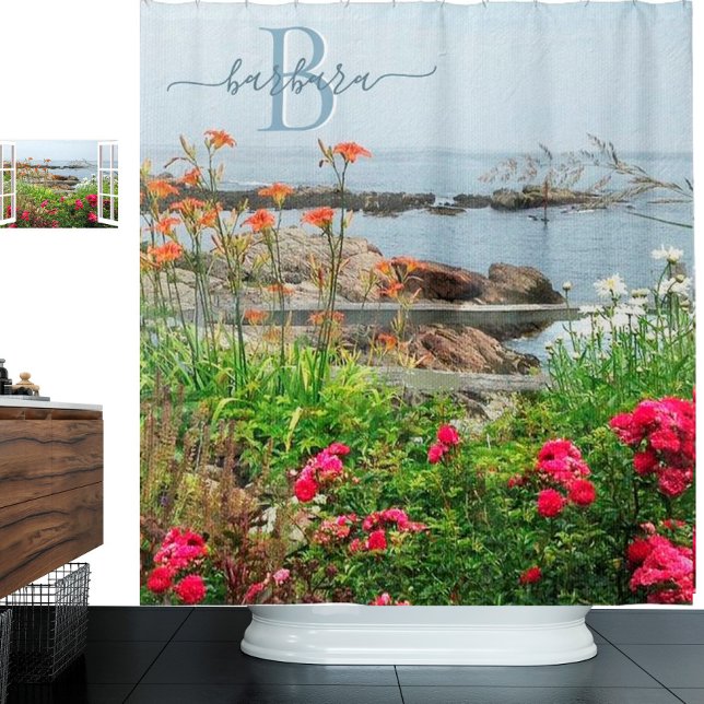 Lovely Scenic Garden Seascape Monogram Name Shower Curtain (Creator Uploaded)